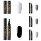 Collection of nail art pens and color swatches on a white background