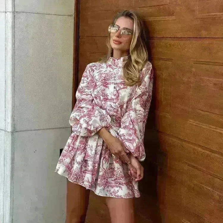 Ink Print Long Sleeve Floral Short Mini Skater Dress With Fashion Puffy Sleeve Lapel Tie A-Line Dress Clothing - EX-STOCK CANADA