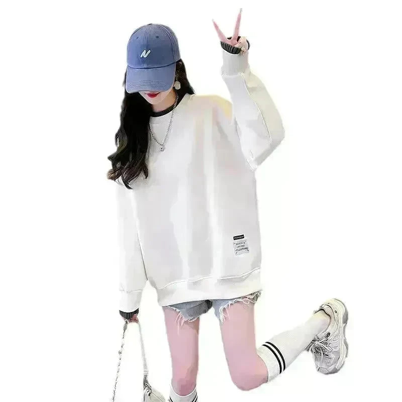 Women Round-neck With Fleece Lining Thick Fake Two Pieces Long Sleeve Loose Hoodie Sweatshirt - EX-STOCK CANADA