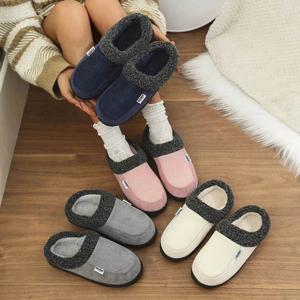 Fashion Solid Striped Cotton Slippers Winter Warm Indoor Bedroom Floor Slipper For Couples Non-slip Thick Sole House Shoes - EX-STOCK Canada