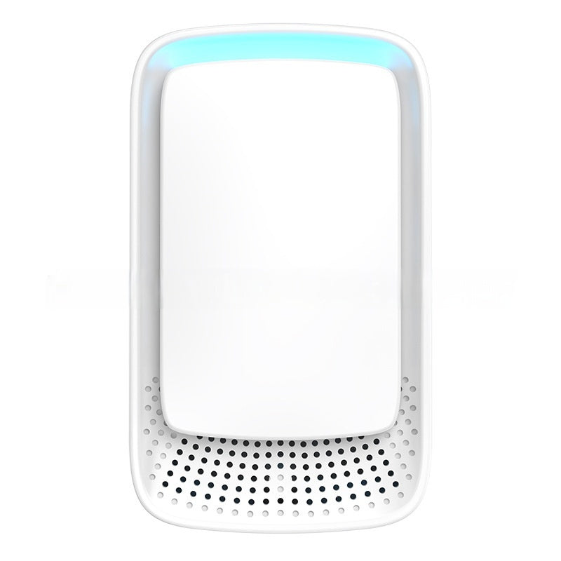 White electronic device with a blue light on a white background