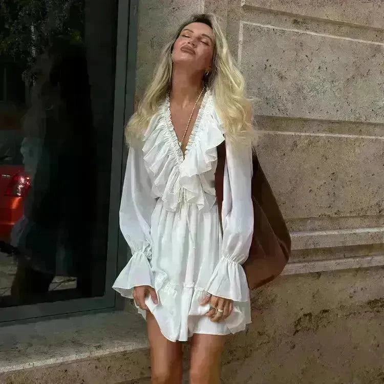Casual Fashion V Neck Pleated Ruffle Long Sleeve Dress Y2K V Neck Flared Sleeve Short Mini Skater Dress Women's Clothing - EX-STOCK CANADA