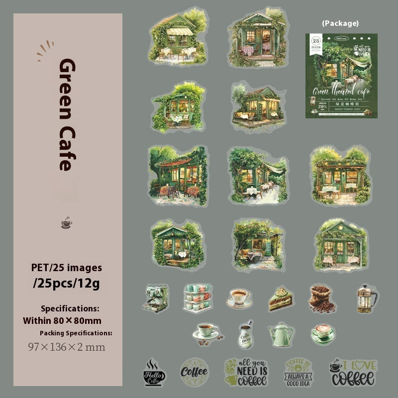 A product listing graphic for a PET sticker pack featuring 25 green-themed cafe and coffee shop illustrations. The left side has a beige panel with text reading 'Green Cafe' and product specifications, while the right side displays the individual sticker designs, including small café exterior scenes, cups, pastries, and coffee-related icons, all on a gray background.