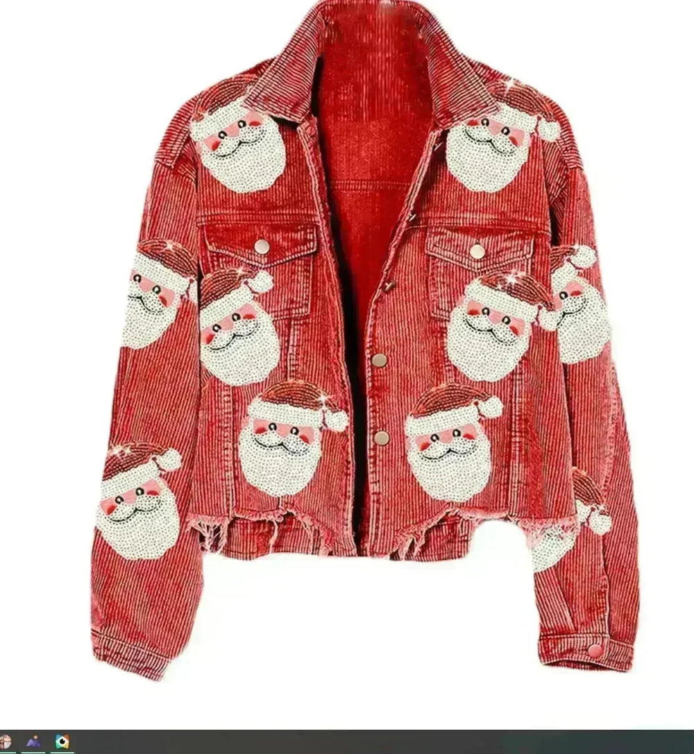 Women Christmas Corduroy Rugby Sequined crop Jacket - EX-STOCK CANADA