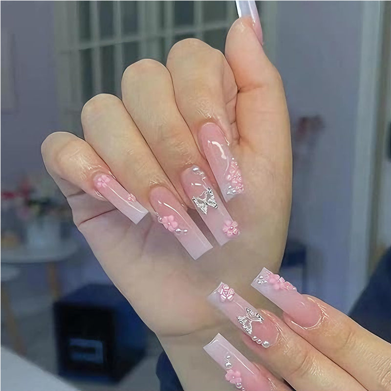 24 PCS Flower Diamond Butterfly Nail Art, Long Length Long Water Pipe Fake Nails,Square Head Nail Tips False Nail EX-STOCK Canada 