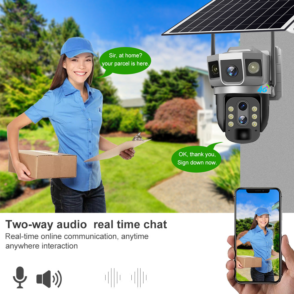 Solar-powered security camera with two-way audio and real-time chat feature, shown outdoors.