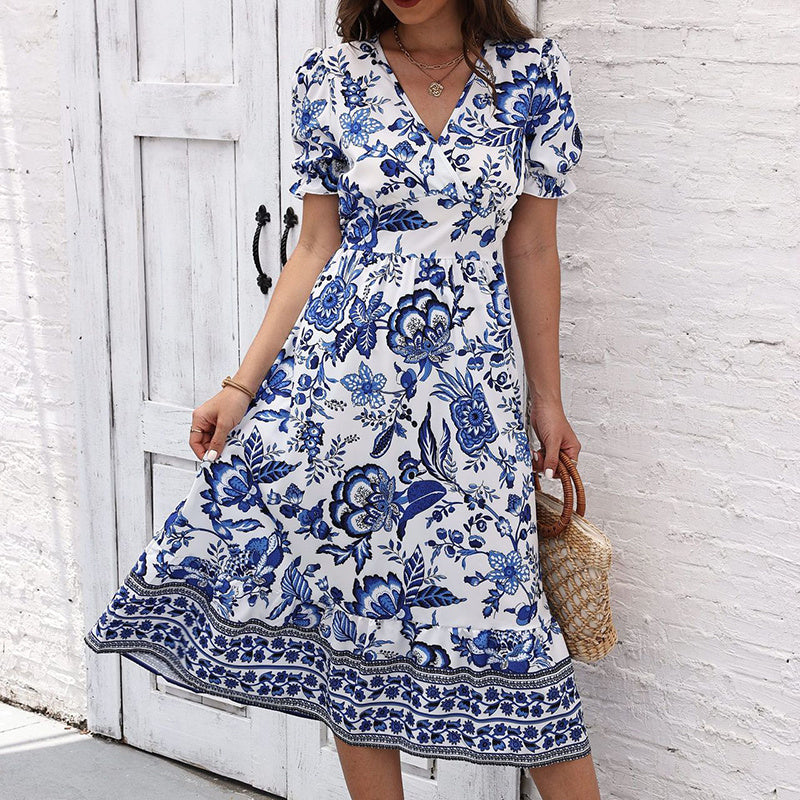 Puff Sleeve dress V Neck Blue Floral Bohemian Midi Dress EX-STOCK