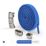 Blue elastic shoelaces with two metal buckles on a white background