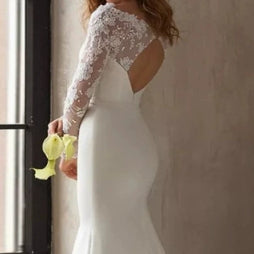 Satin Lace Long-Sleeve Wedding Dress, White & Ivory, US0–26W 9