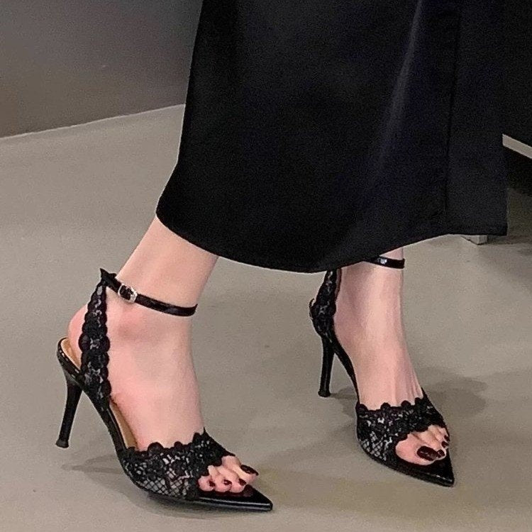 2026 Summer New French Niche Design Women Sandals, Pointed Toe Lace Stiletto High Heel Open Toe Outdoor Shoes 