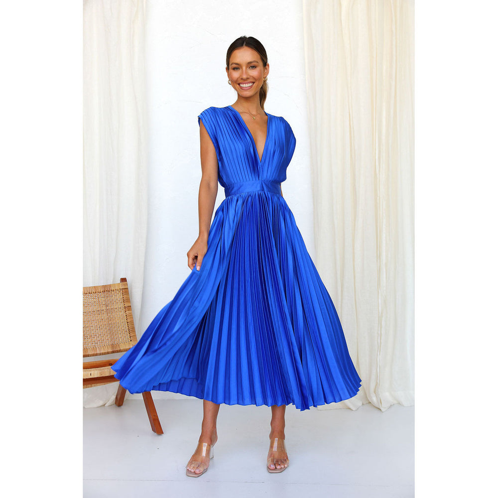 Summer V-neck Pleated Dress INS Fashion Casual Loose Zip Sleeveless Dresses For Women Clothing 