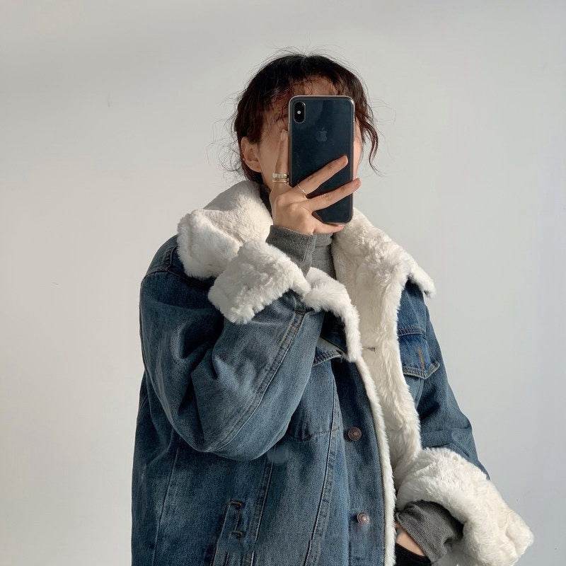Plush Thick Lamb Wool Denim Jacket Women Short EX-STOCK Canada 