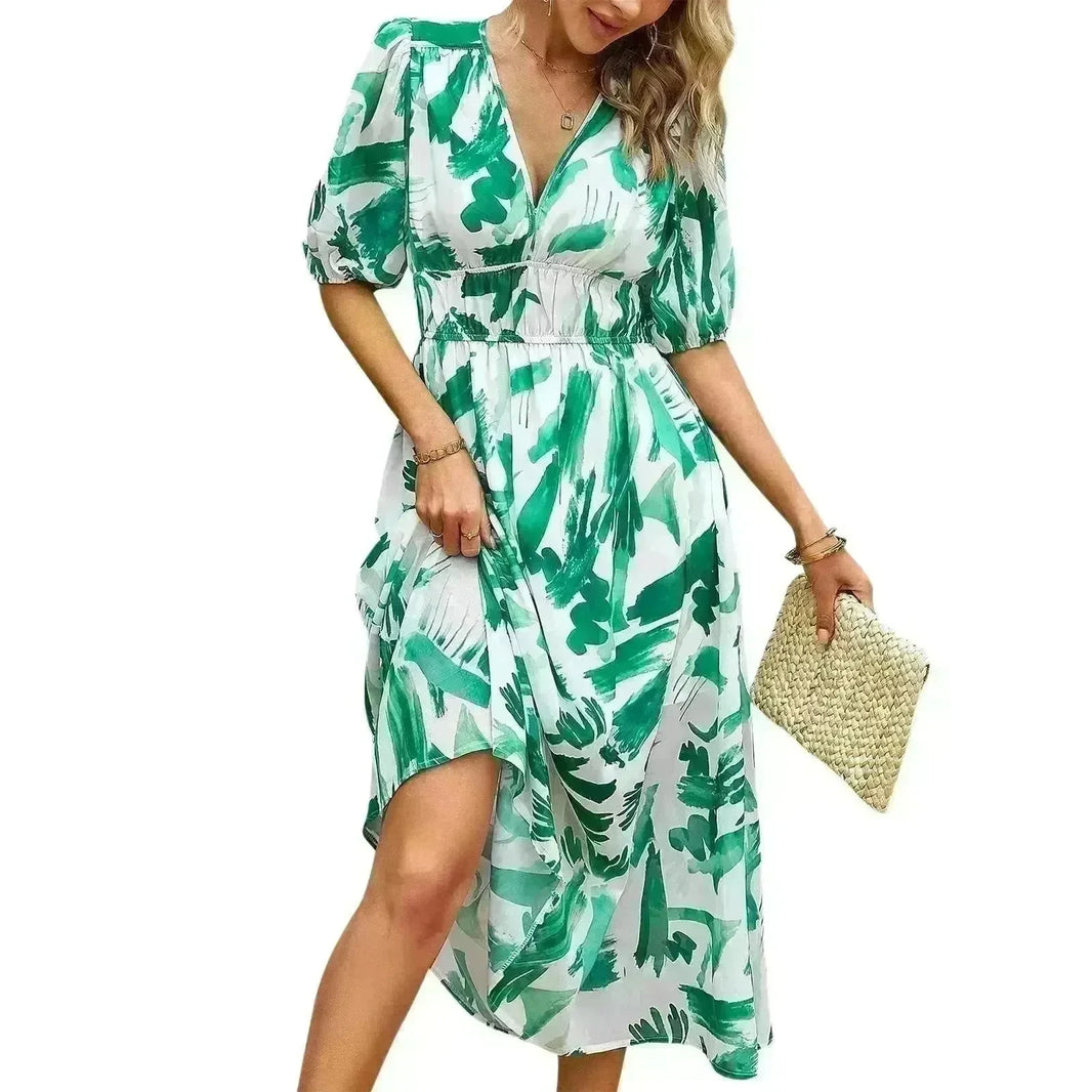 Summer Chiffon Floral Printed Temperament Waist-controlled V-neck Casual Midi Dress - EX-STOCK CANADA