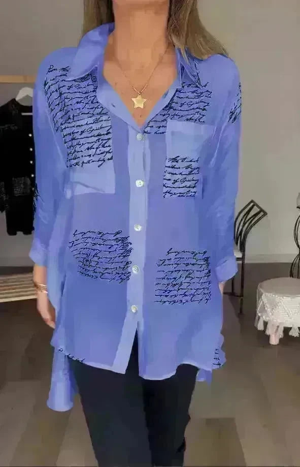 Letter Print Long Sleeve Shirt Fashion Commuter Style Lapel Shirt Women's Clothing - EX-STOCK CANADA