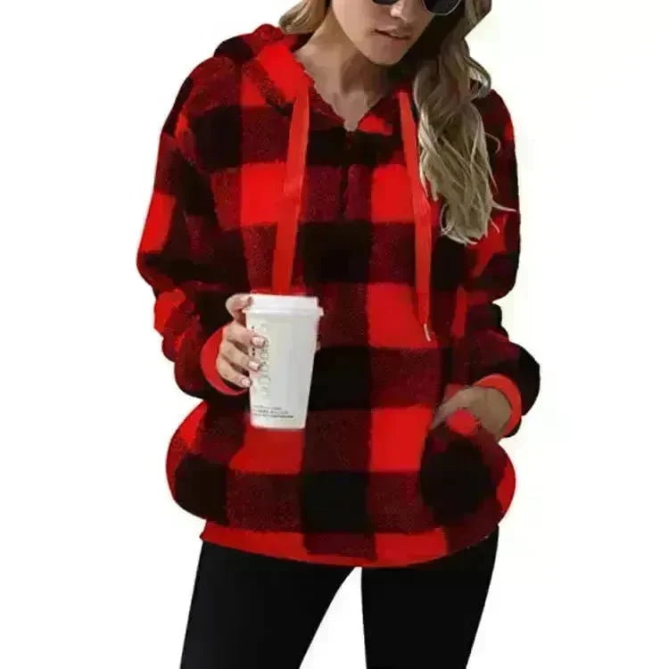 Casual Thick Fleece Plush half zip Plaid Hoodie Pullover top for women - EX-STOCK CANADA