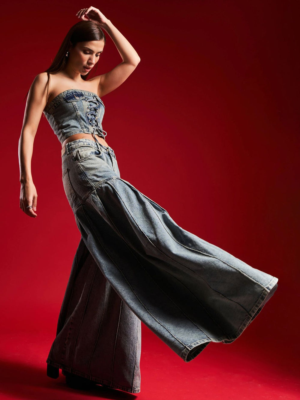 Strapless Denim Lace-Up Corset Crop Top & Balloon Wide-Leg Pants Set – Washed Blue Denim | Sizes S–2XL