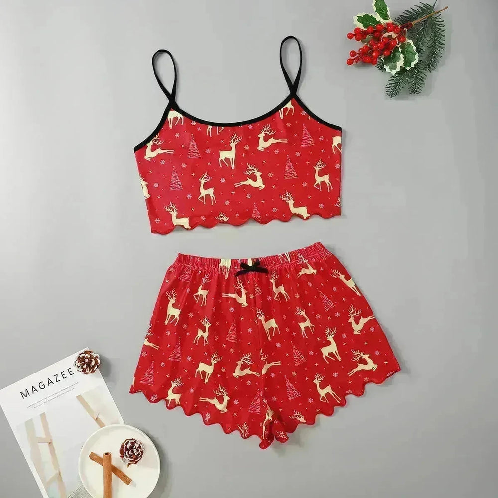 Christmas European And American Thin Pajamas Women's Sleeveless Shorts Milk Silk Simple Casual Two-piece Suit Homewear - EX-STOCK CANADA