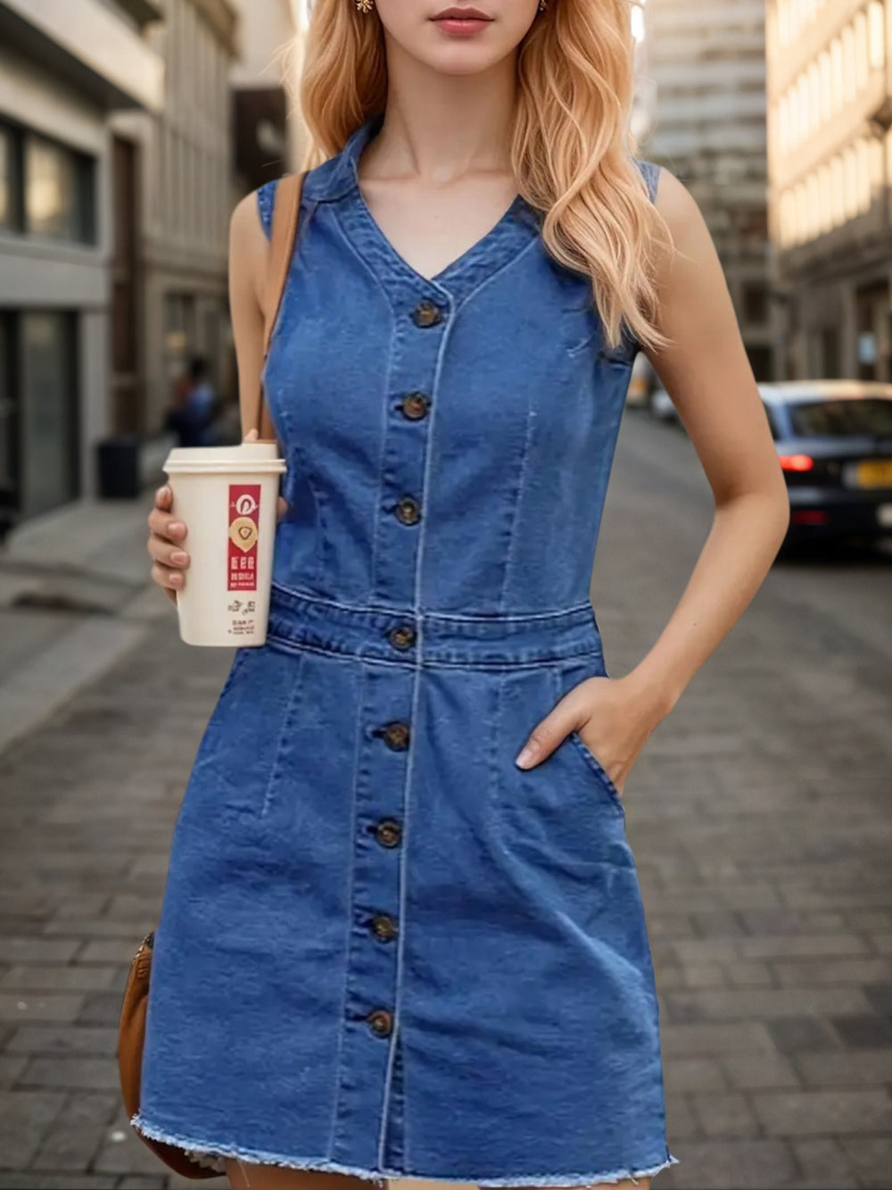 Women’s Fashion Trend Sleeveless Dress, V-neck Design - Button Detail Frayed Hem Denim Skirt 