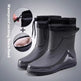 Gray rain boots with waterproof necking fleece lining on a gray background
