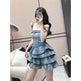 Women's sleeveless tube Denim High Waist Slimming Jeans layered flared mini Dress - EX-STOCK Canada