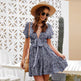 Casual Deep V-neck Short Sleeve Tie belt Floral Summer Mini Dress - EX-STOCK Canada
