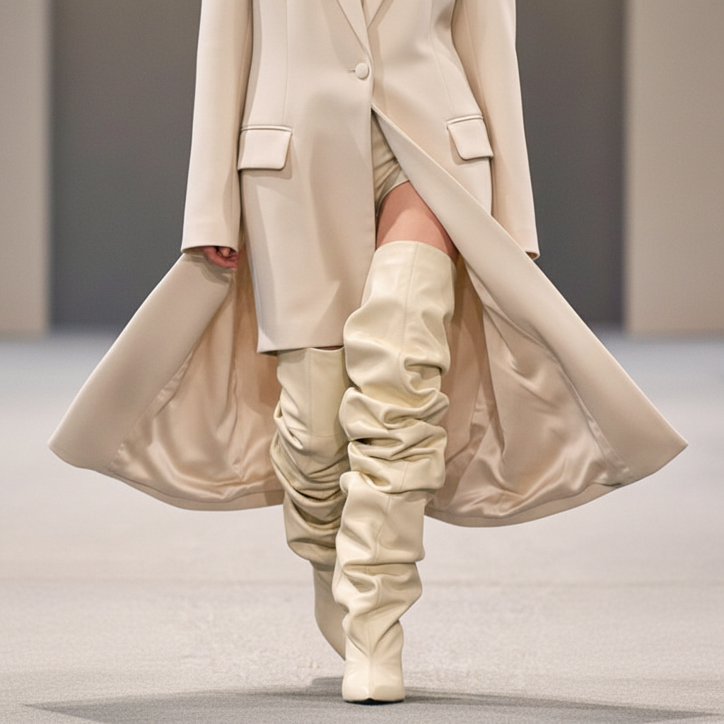 A model shown from the waist down wears a matching oversized cream-colored blazer and long, ruched over-the-knee boots in a matching cream fabric, set against a neutral gray runway background.