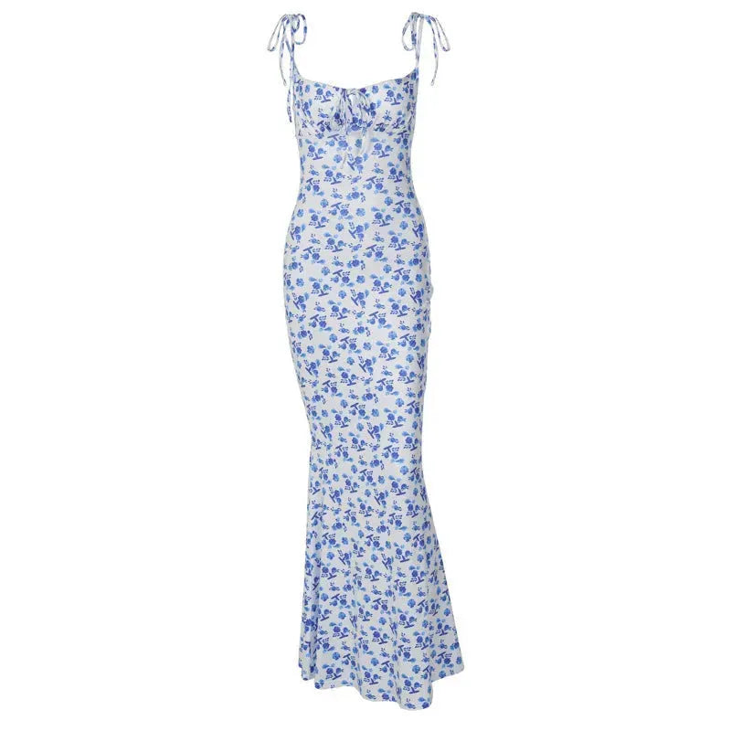 Fashion Flowers Print Suspender Long Dress Summer Lace-up Slim Backless Dresses For Women - EX-STOCK CANADA