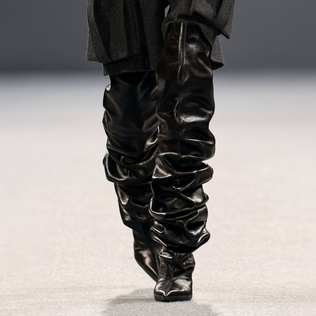 Person wearing a dark suit with ruched black pants on a neutral background