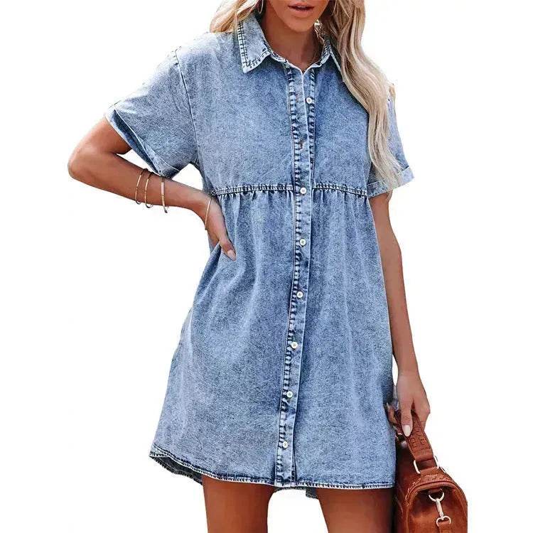 European And American Washed Denim Lapel Ruffled Denim Dress Jeans Flared dress Casual Denim mini dress - EX-STOCK Canada