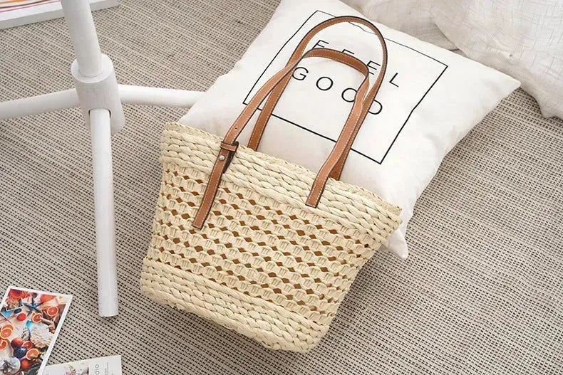 Large Capacity Fashion Urban Simple White Khaki Straw Braided shopper Beach Bag - EX-STOCK CANADA
