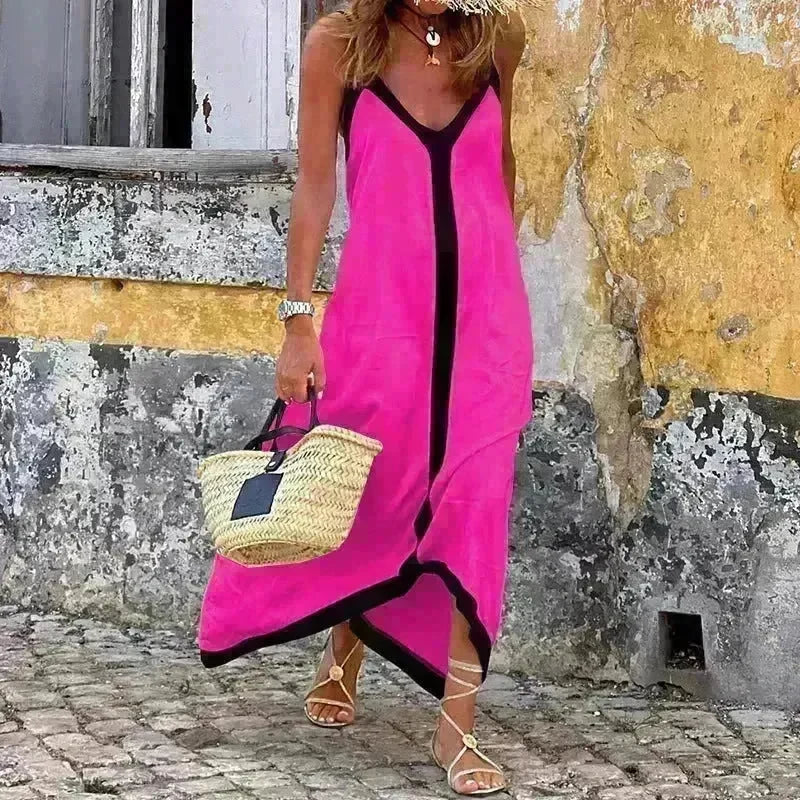 Women's Fashionable Casual Solid Color Spaghetti Straps Sleeveless V-neck Midi Dress - EX-STOCK CANADA