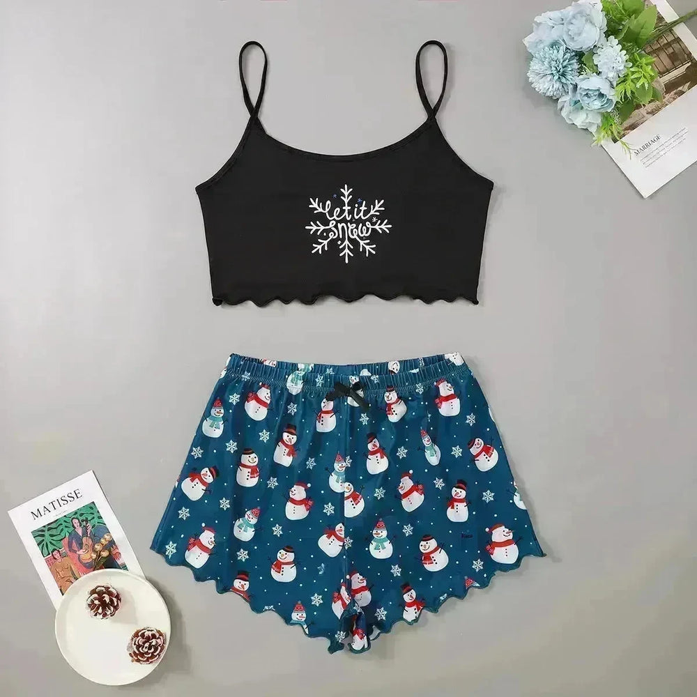 Christmas European And American Thin Pajamas Women's Sleeveless Shorts Milk Silk Simple Casual Two-piece Suit Homewear - EX-STOCK CANADA