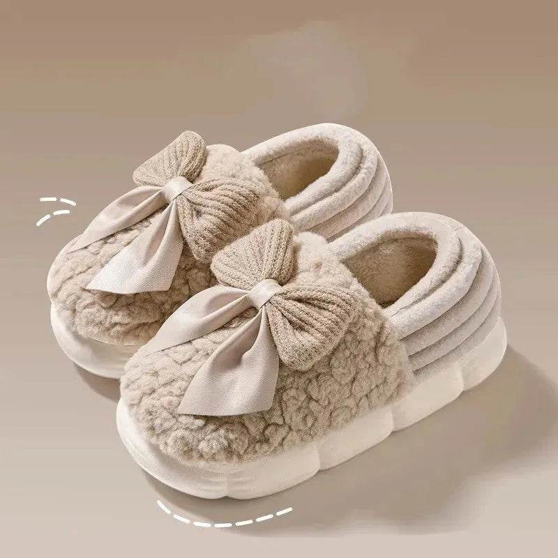 Big Bow-knot Fluffy Slippers Winter Warm Covered Heel Cotton Shoes Fashion Thick-soled Platform Slippers Indoor And Outdoor Garden Walking Shoes - EX-STOCK Canada