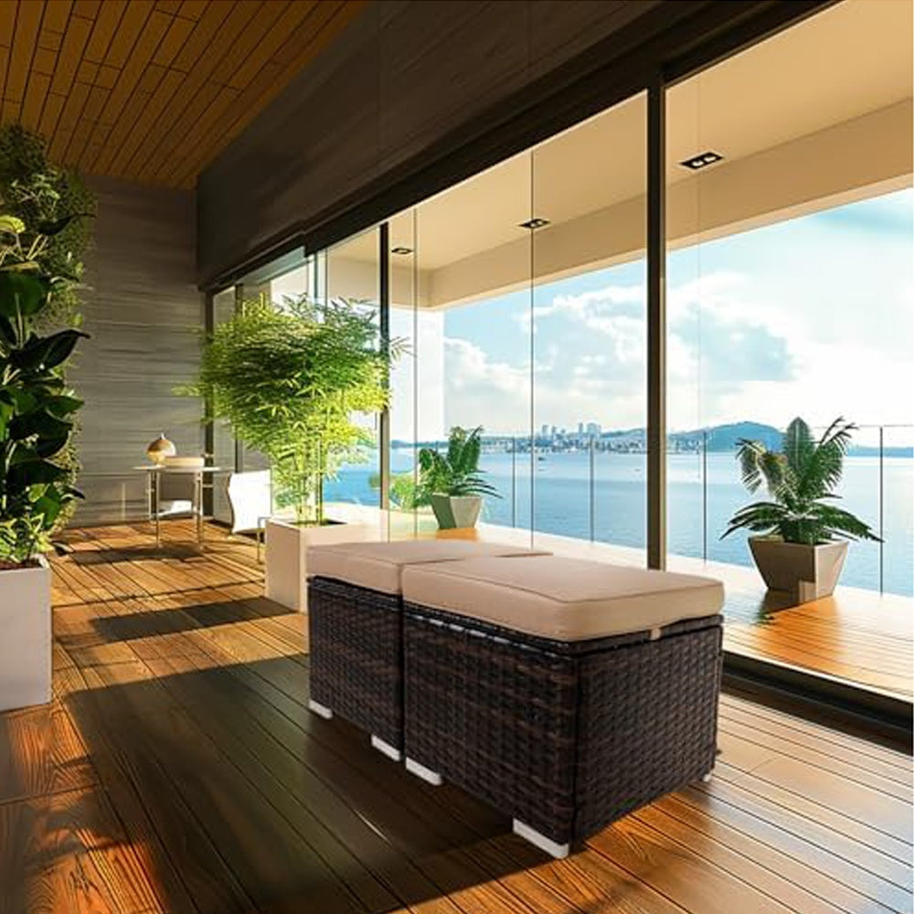 2 Wicker Ottomans, Multipurpose Outdoor Furniture For Patio, Backyard, Additional Seating, Footrest, Side Table With Storage, Removable Cushions EX-STOCK Canada 