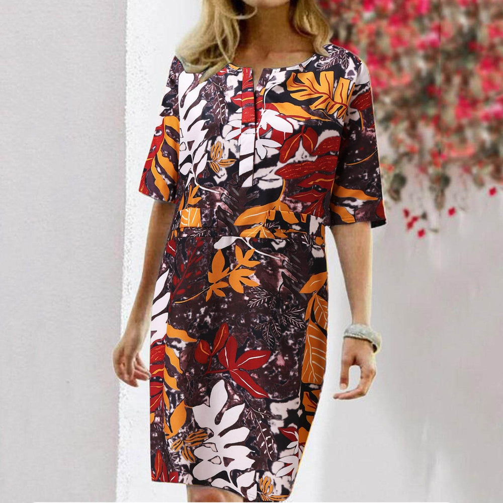 Vintage Dress Women Summer Floral Leaf Print Slit Round Neck Half Sleeve Dresses - EX-STOCK Canada