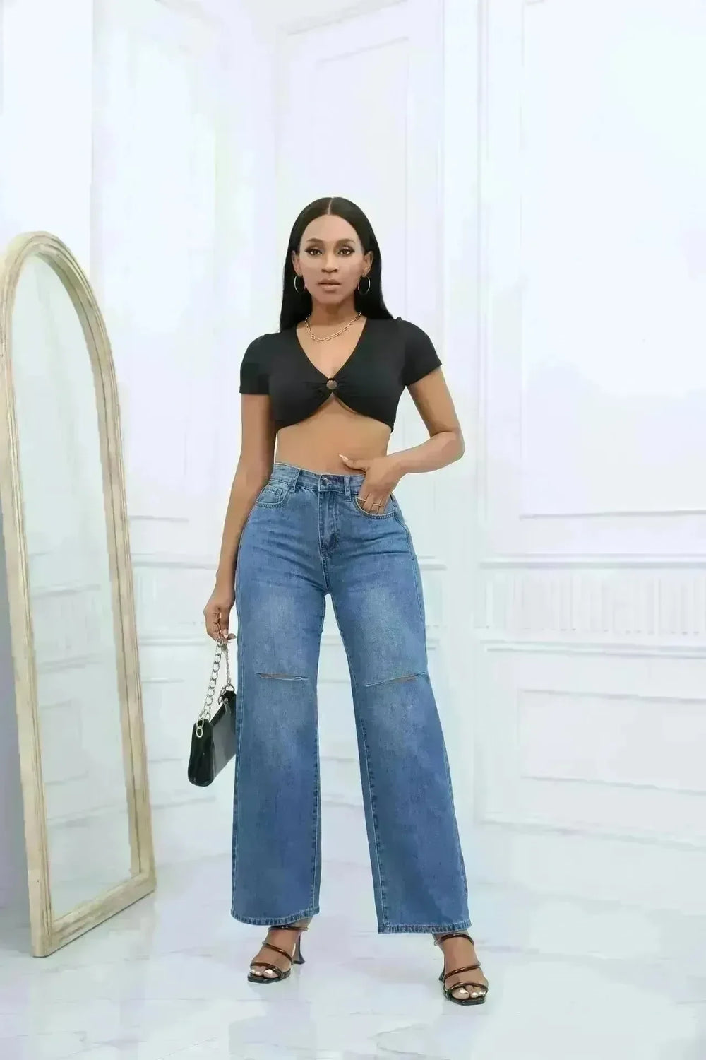 Elegant Ripped Wide-leg Baggy Jeans Pant Women - EX-STOCK CANADA