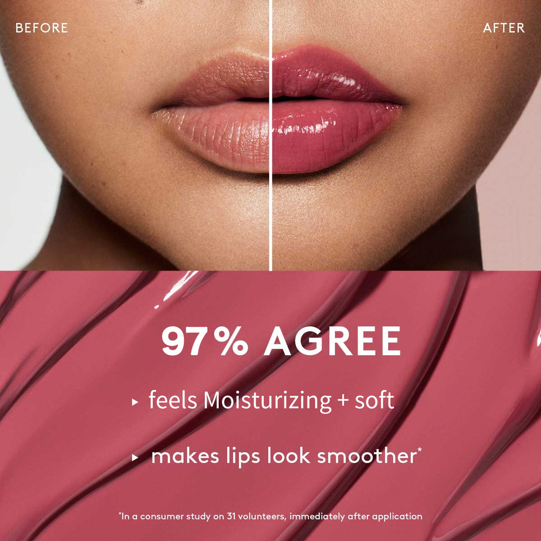 Before and after comparison of lips with a pink lip product, showing moisturizing and smoothing effects.