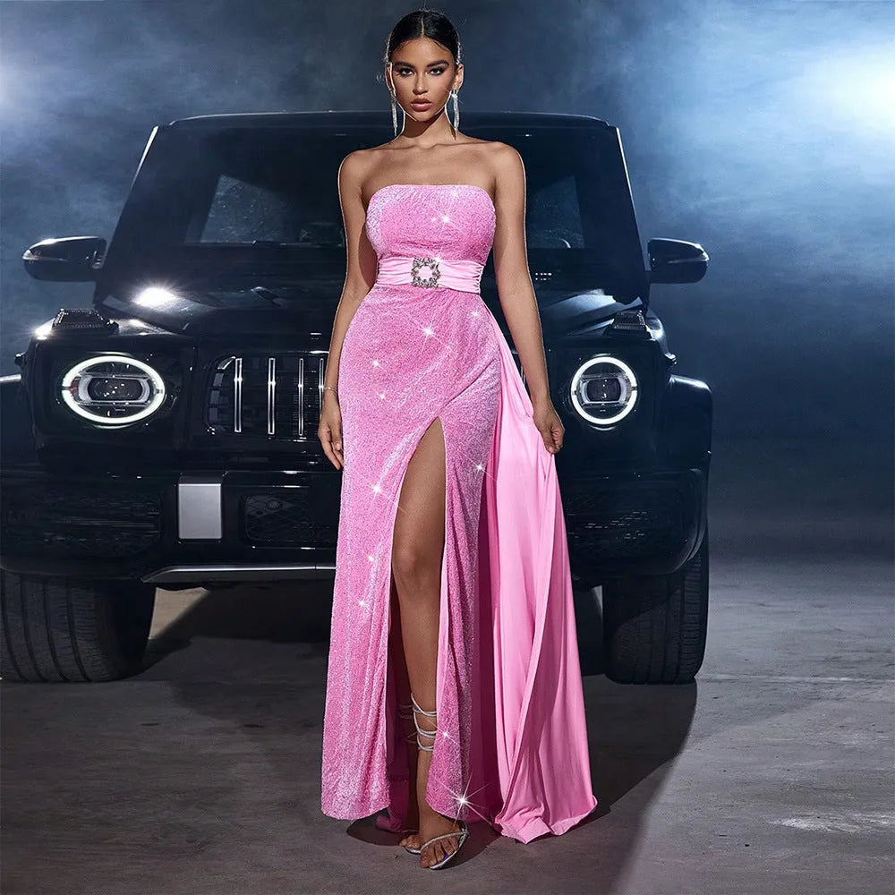 Strapless Sequined Cinched Waist Slim-fit Tube Top Banquet Pink formal Dress - EX-STOCK CANADA
