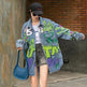 Oversized Graffiti Print Denim Jacket Women Loose Fried Street fashion - EX-STOCK CANADA