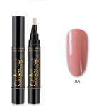 Nail art pen with black casing and gold text, next to a pink nail color swatch on a white background.