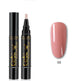 Nail art pen with black casing and gold text, next to a pink nail color swatch on a white background.