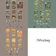A collage showing many small illustrated coffee-themed sticker or decal designs arranged in two colored panels, with the text '75Pcs/bag' on a white section. The designs include coffee cups, storefronts, mugs, and decorative labels.
