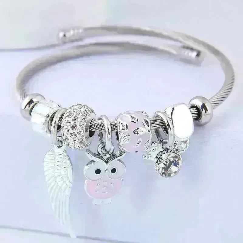 DIY Beaded Owl Angel Wings Pendant Stainless Steel Bracelet - EX-STOCK CANADA