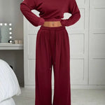 Women's Multi-Colour 2-Piece Off-Shoulder Loungewear Set, Cropped Long-Sleeve Top and Wide-Leg Pants, S–2XL