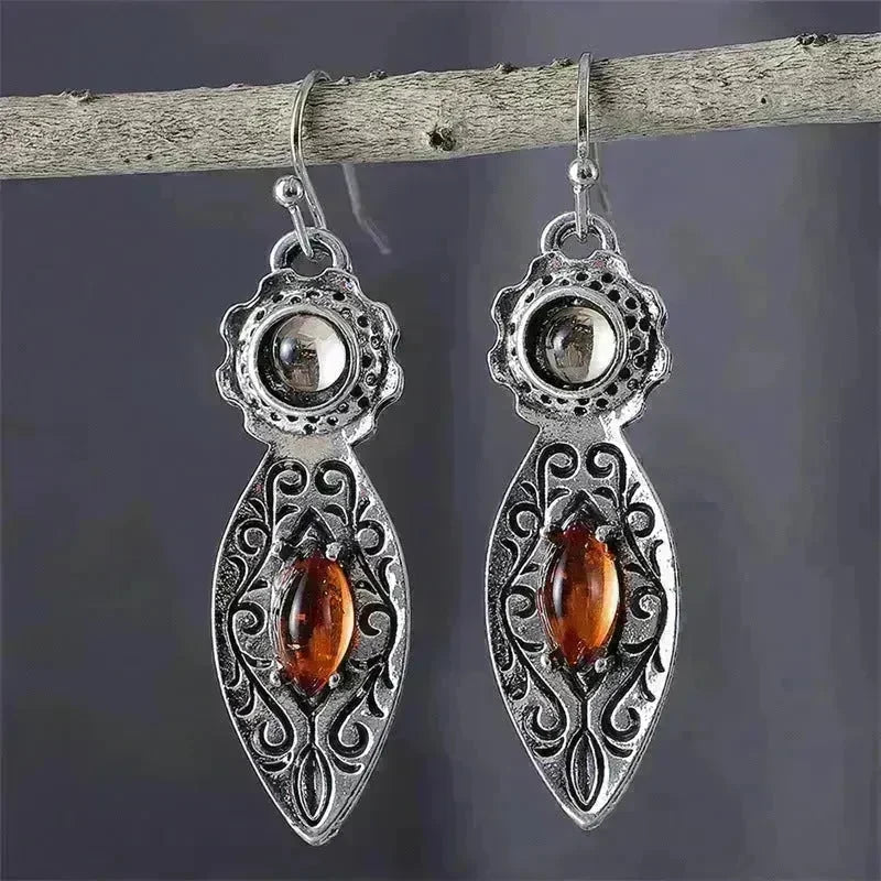 European And American New Retro Pattern Two-tone Gemstone Drop Earrings - EX-STOCK CANADA