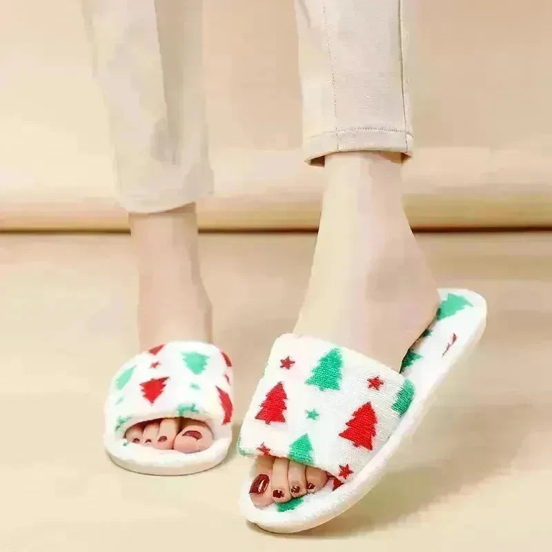 Christmas Tree Home Slippers Fashion Floor Bedroom Open-toe Plush Slippers For Women Fuzzy House Shoes - EX-STOCK CANADA