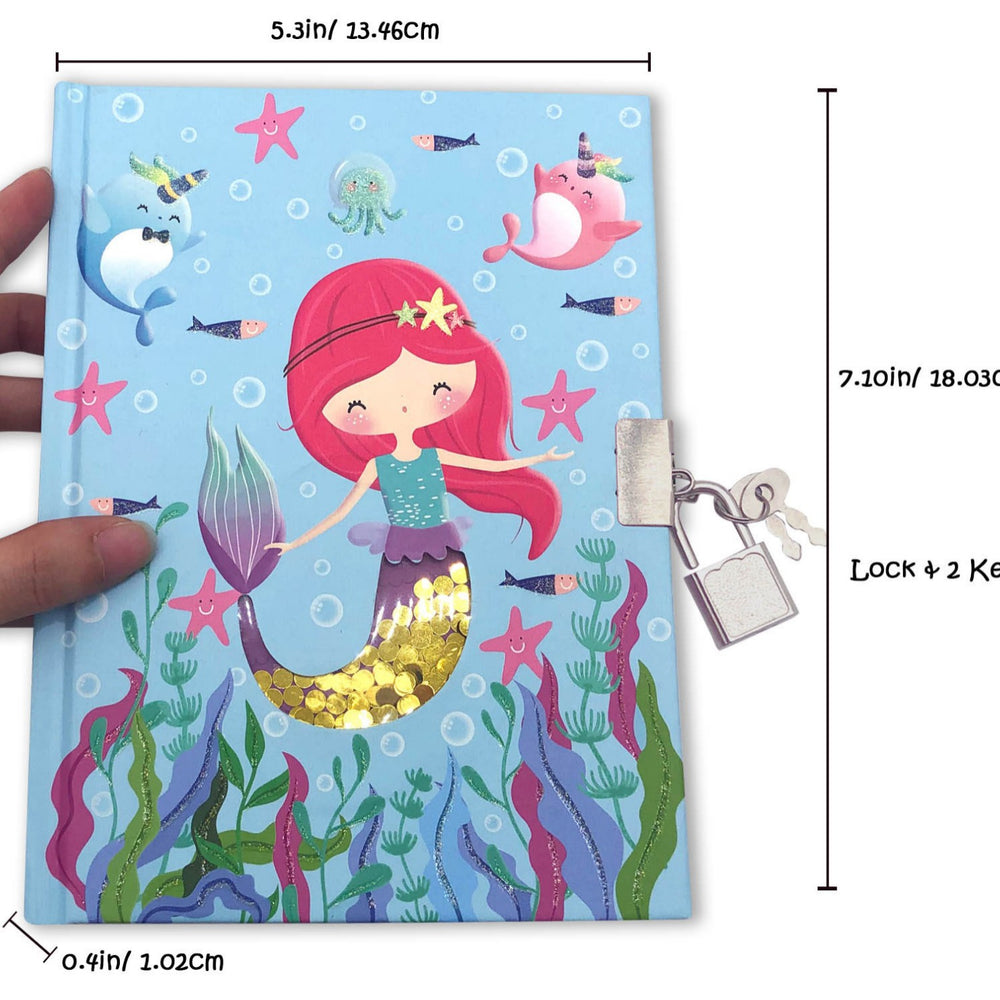 Mermaid-themed notebook with lock and key, held by a hand, with measurements displayed.