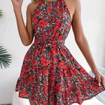 Casual Spring Summer Tie Belt Halter neck Swing Floral mini dress - EX-STOCK Canada