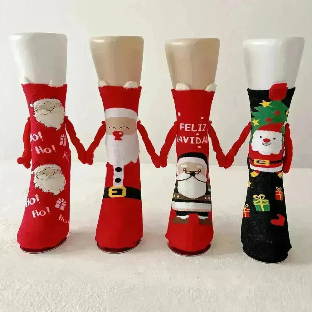 Christmas Magnetic Socks Cute Elk Santa Claus Snowman Hand-holding Socks For Couple - EX-STOCK CANADA
