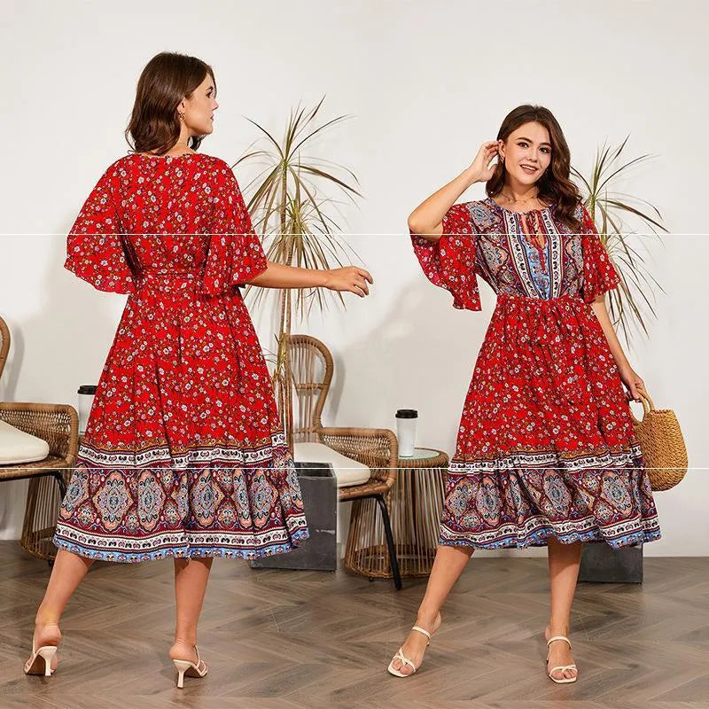Modest Plus Size Summer dress V Neck Midi Beach boho Dress - EX-STOCK CANADA